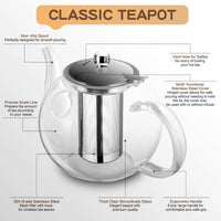 1 x RAW Customer Returns Zpose glass teapot 1.2 liters - teapot with strainer insert, heat-resistant, removable stainless steel filter strainer, glass teapot with tea strainer large handle, ideal for preparing loose teas, teapot - RRP €23.09