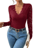 1 x RAW Customer Returns GORGLITTER Women s Body Lace Bodysuit Transparent Top Lace Body Slim T-Shirt Party Bodysuits with Bow Edge V-Neck Bordeaux L - RRP €33.26