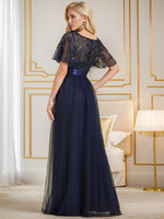 1 x RAW Customer Returns Ever-Pretty Empire Style Evening Dresses Short Sleeves A-Line Elegant Round Neckline Women Tulle Navy Blue 40 - RRP €79.99