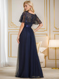 1 x RAW Customer Returns Ever-Pretty Empire Style Evening Dresses Short Sleeves A-Line Elegant Round Neckline Women Tulle Navy Blue 40 - RRP €79.99