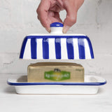 1 x RAW Customer Returns City to Cottage - Ceramic butter dish Blue and white striped Handmade 250 gram ceramic butter dish with lid - RRP €37.95