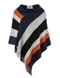 5 x Brand New Ferand Women s Striped Poncho Sweater Versatile Wrap Scarf with Fringes for Fall and Winter - One Size - Hooded Style Navy Blue Black - RRP €164.95