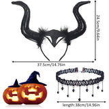 1 x Brand New Queen horns headdress, horn headpiece for women, Halloween headdress horner, 2 pieces queen horns with gothic retro lace necklace, devil horns for carnival, masquerade, cosplay, carnival, fancy dress - RRP €7.04