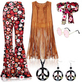 6 x Brand New Yuragim Hippie Costume Women Set with Fringed Vest Flared Trousers Women 70s Hippie Accessories Hippie Clothing Women Costume 70s Clothing Women Disco Outfit Carnival Costume Girls XL  - RRP €223.2