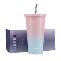 1 x RAW Customer Returns LoFone Insulated Thermal Mug with Straw, 500ml Double Walled Thermal Mug, Stainless Steel Coffee Cup for Icy or Hot Drinks Pink-Blue  - RRP €16.16