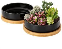 1 x RAW Customer Returns Yangbaga flower pots with saucer, 2 pieces ceramic in black for succulents, decorative vase succulent pots cactus plant pots with bamboo saucer 15.3cm  - RRP €19.15