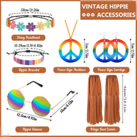 1 x RAW Customer Returns 60s 70s Hippie Costume Set, 7 Pieces Hippie Clothing for Women with Hippie Poncho Tassels Leg Sleeves Headband Sunglasses Peace Sign Necklace Earrings for Women Carnival Motto Party - RRP €24.7