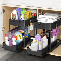 1 x RAW Customer Returns Under Sink Organizer - 2 Tiers Under Sink Shelf Pull Out Basket - Under Sink Storage With Hooks And Cup For Bathroom Kitchen Black - RRP €32.26