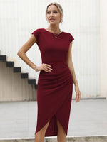 1 x RAW Customer Returns Missufe Elegant Wrap Dress Party Dress Figure-hugging Midi Dress Women s Cocktail Dress Bodycon Summer Dresses Wine Red, Medium  - RRP €46.99