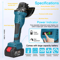 1 x RAW Customer Returns Weytoll Cordless Angle Grinder, 21V Brushless Motor 125mm Angle Grinder, 2 1300mAh Battery, with Thickened Baffle and Auxiliary Handle, Stepless Speed Control, Spindle Lock - RRP €68.15