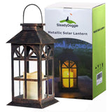 1 x RAW Customer Returns Solar lantern for outside - with bright flickering LED candle - table and hanging lamp - indoor and outdoor - extra metal lantern in antique style - dark bronze - PVC window - weatherproof - 14x14x28cm - RRP €42.35