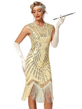 1 x RAW Customer Returns VILOREE Women s Dress Full Sequins 20s Style Round Neck Inspired by Great Gatsby Costume Dress Beige 2XL - RRP €49.07