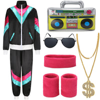 1 x RAW Customer Returns Fover 80s Outfit Men Women Costume Tracksuit Pop Art Retro Style Costume Accessories Set with Inflatable Radio Sunglasses Necklace Sweatband Set for Theme Party Carnival Black 15M - RRP €39.31