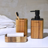 1 x RAW Customer Returns Satu Brown 3 Piece Acacia Wood Bathroom Accessory Set with Soap Dispenser, Bathroom Tumbler, Soap Dish, Bathroom Decor Accessories - RRP €29.23