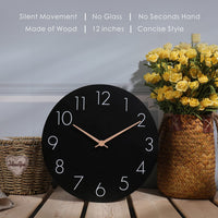 1 x RAW Customer Returns Plumeet 30 cm Wooden Wall Clock Frameless Wall Clock with Silent Quartz Movement - Modern Minimalist Style Clock Decoration Living Room Bedroom Kitchen - Battery Operated Black  - RRP €21.17