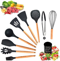 1 x RAW Customer Returns Kitchen Utensil Set, Ozvavzk 11 Pieces Silicone Kitchen Utensils Cooking Cutlery Set, Non-Stick Heat Resistant Cookware Cooking Utensils Set with Utensil Holder, Wooden Handles, BPA-Free, Dishwasher Safe - RRP €24.58