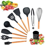 1 x RAW Customer Returns Kitchen Utensil Set, Ozvavzk 11 Pieces Silicone Kitchen Utensils Cooking Cutlery Set, Non-Stick Heat Resistant Cookware Cooking Utensils Set with Utensil Holder, Wooden Handles, BPA-Free, Dishwasher Safe - RRP €24.58