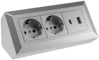 1 x RAW Customer Returns Corner socket surface mounting Schuko, for kitchen, office, workshop. Power strip ideal for kitchen worktop, surface-mounted socket or under-counter socket - without cable 2 Schuko, USB A C, silver  - RRP €34.99