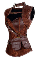 1 x RAW Customer Returns Charmian Women s Steel Boned Retro Gothic Brocade Steampunk Bustiers Corset Top with Jacket and Belt Brown 6X-Large - RRP €86.4