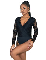 1 x RAW Customer Returns comeondear Sexy Body for Women Plus Size Long Sleeve Tops Lace V-Neck Overall Bodysuit Curvy Lace Body Elegant Blouse Body Traditional Body Party Tops Club with Buttons Black, L  - RRP €26.1