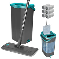 1 x RAW Customer Returns Masthome floor mop set with bucket, 140 cm mop with wringing function and 6 microfiber mop pads, flat mop and cleaning bucket set for floor cleaning hardwood, tiles, laminate - gray blue - RRP €46.89