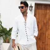 1 x RAW Customer Returns Puimentiua Men s Linen Shirt Lightweight Summer Shirt Long Sleeves Men s Beach Henley Shirt with Stand-up Collar, White, XL - RRP €22.61