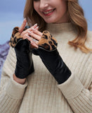 1 x Brand New YISEVEN Women s Winter Sheepskin Leather Gloves with Magnetic Buckle Leopard Fur Warm Chic Design Mittens with Zipper Gift - RRP €54.31