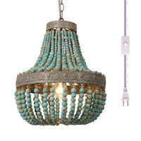 1 x RAW Customer Returns Newrays Wooden Beads Pendant Chandelier Blue Finish Bohemian Boho Beachy Ceiling Light Fixtures,Plug In - RRP €115.99