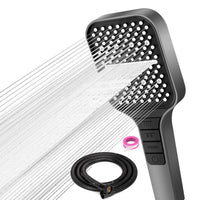 1 x RAW Customer Returns VEHHE shower head with 1.5M hose, 7 jet types, water-saving shower head, rain shower head with stop button and self-cleaning silicone nozzle, one-hand adjustment, large shower head, pressure-increasing - RRP €24.29