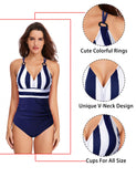 1 x RAW Customer Returns Donpapa Women s Swimsuit Tummy Control Bikini Swimwear Bathing Dress One-Piece with Shaping Effect Push Up Monikini V Neck Triangle Blue White L - RRP €27.37