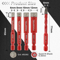 1 x RAW Customer Returns FOCSTOL Dry Diamond Drill Bit Set - 4 Pieces 6 8 10 12mm Diamond Crown Drill Bits 1 Piece 6mm Carbide Drill Bit with Quick Change Hex Shank for Ceramic Porcelain Marble Granite - RRP €24.99