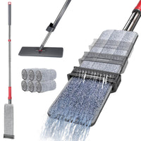 1 x RAW Customer Returns Masthome mop with wringing function, 130CM microfiber floor mop, flat mop with 6 reusable mop pads, mop set for hardwood laminate tiles floor cleaning - gray red - RRP €26.69