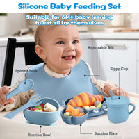 1 x Brand New Baby feeding set silicon baby guided weaning supplies Included bib, split plate suction cup, spoon fork, sippy cup with toddler baby guided weaning devices - RRP €20.4