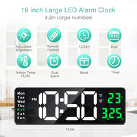 1 x RAW Customer Returns ORIA 16 Large Screen LED Digital Wall Clock Digital Alarm Clock with Remote Control 2 Sets Alarms Adjustable Brightness and Timer Time Date Temp for Bedroom Home - RRP €28.99