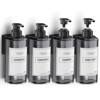 1 x RAW Customer Returns Anhow 4-pack soap dispenser wall mounting set, 500ml soap dispenser wall without drilling, plastic empty pump bottle with 12 category labels for shower kitchen bathroom - gray - RRP €21.17