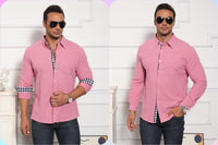 1 x Brand New Elainone Men s Shirt Long Sleeve Loose Fit Casual Shirt with Checked Autumn Cotton Linen Shirts with Pocket, Pink 3XL - RRP €20.76