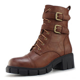 1 x Brand New Hawkwell women s combat boots side zip buckle chunky ankle boots, brown EU 38 - RRP €59.99