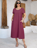 1 x RAW Customer Returns TOMEEK Summer Dress Women Linen Dresses Round Neck Casual Women Dresses Summer Short Sleeve Leisure Dress with Pockets Beach Dresses Boho Long Knee Length Purple, L  - RRP €23.38