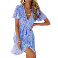 1 x RAW Customer Returns Yeeteepot women s summer dress floral mini dress tunic wrap dress ruffle short knee-length dresses short sleeve V-neck dress A-blue, EU S label M - RRP €15.06