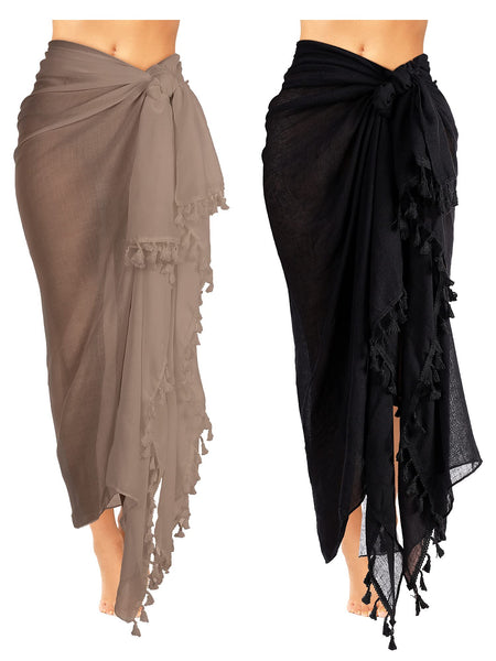 1 x RAW Customer Returns Pack of 2 Women s Beach Batik Sarong Swimsuit with Tassel Black, Khaki, L  - RRP €24.9