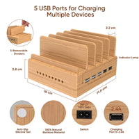 1 x RAW Customer Returns OthoKing charging station multiple devices made of bamboo with 5 USB ports USB charger multiple cell phone charging station USB multiple charging station - RRP €43.86