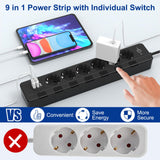 1 x RAW Customer Returns Power strip surge protection 4000W 16A , KEPLUG multiple socket with 3 USB, individually switchable wall mounting child safety lock, socket 2 m cable black - RRP €21.77