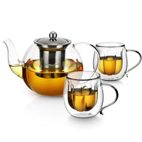 1 x RAW Customer Returns 2-piece teapot made of borosilicate glass, double-walled glass cup set, insulated from heat, glass tea maker with stainless steel strainer, large capacity teapot - RRP €35.99