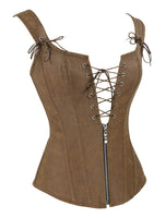 1 x RAW Customer Returns Charmian Women s Renaissance Lace Up Vintage Boned Bustier Corset with Garters Brown Large - RRP €45.37