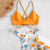 1 x RAW Customer Returns ZAFUL two-piece bikini set with braided strap, adjustable bra, push-up back, triangle bustle swimming trunks with floral pattern yellow, M  - RRP €35.99