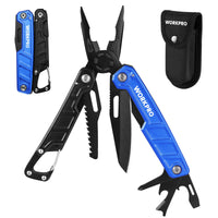 1 x RAW Customer Returns WORKPRO Multifunctional Pliers 11-in-1 Foldable Multitool Tool Stainless Steel Multifunctional Tool with Carabiner Needle Nose Pliers Cable Cutter Bottle Opener Screwdriver for Outdoor with Carry Bag Blue - RRP €17.14