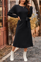 1 x RAW Customer Returns STYLEWORD Women s Pullover Dress Long Sleeve Round Neck Dresses Elegant Knitted Dress Black Dress with Belt Black, X-Large  - RRP €27.01