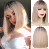 1 x RAW Customer Returns Wig Blonde with Bangs Short for Women Girls Straight Ombre Blonde Bob Synthetic Daily Wigs Like Real Hair for Women Bob Wig 002Y - RRP €22.18