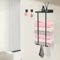 8 x Brand New flowlamp towel holder without drilling, towel holder made of stainless steel, height-adjustable towel holder 41-76cm , towel holder with stowable shelf and 3 hooks, comes with 2 pieces of 3M adhesive hooks - RRP €225.68