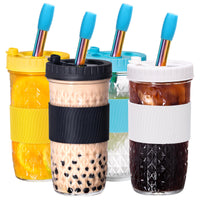 1 x RAW Customer Returns Spurtar 4-pack 720 ml bubble tea cup set smoothie cups with rainbow straw, mason jars with plastic lids, reusable bamboo lid iced coffee glass container with straw gift - RRP €25.61